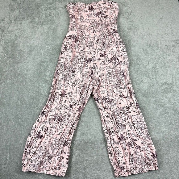 ASTR THE LABEL Pink Tropical Print Strapless Wide Leg Jumpsuit Size L - Picture 3 of 9